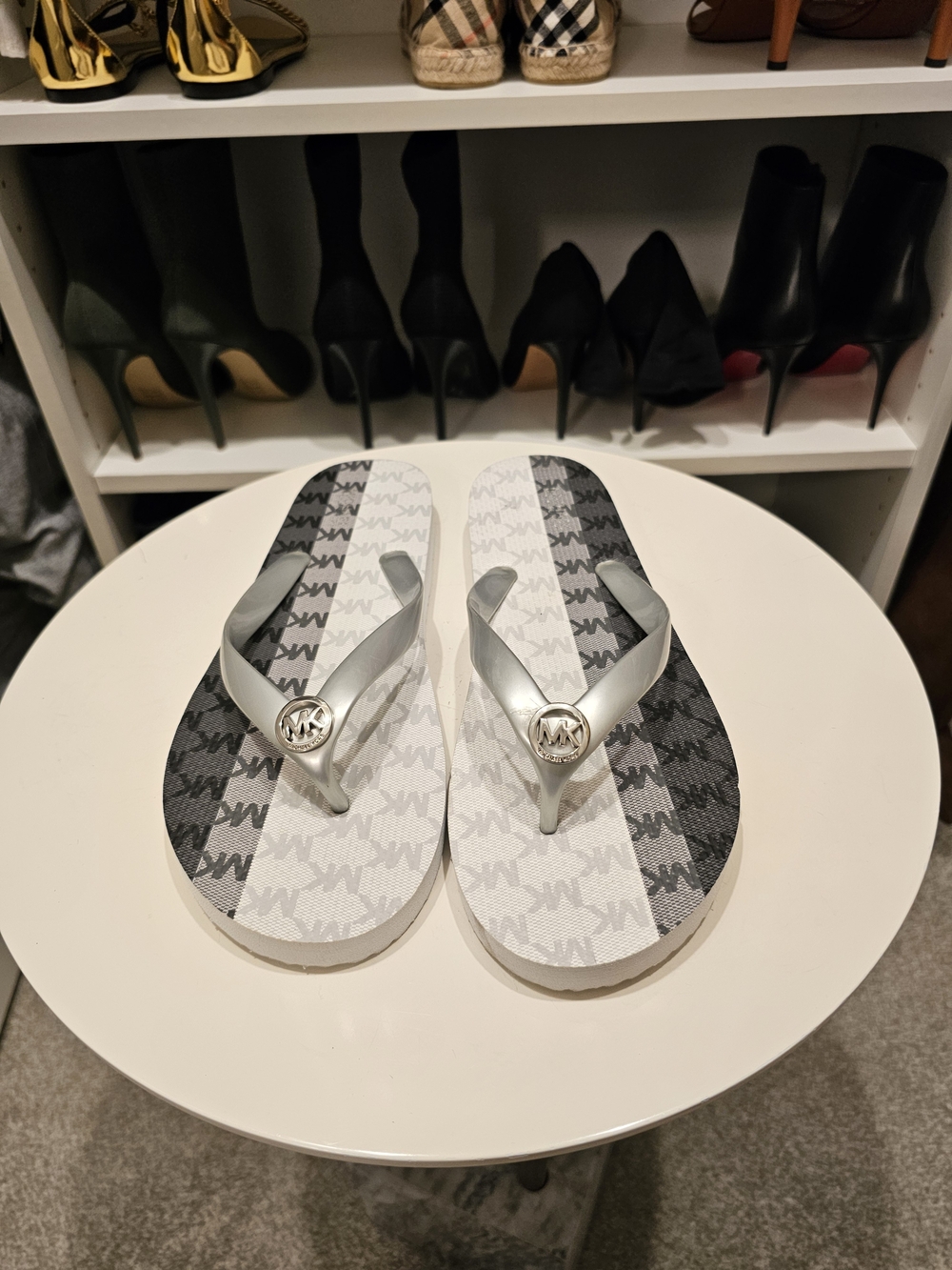 Michael Kors Silver, Black & White MK Logo Flip Flop Sandals